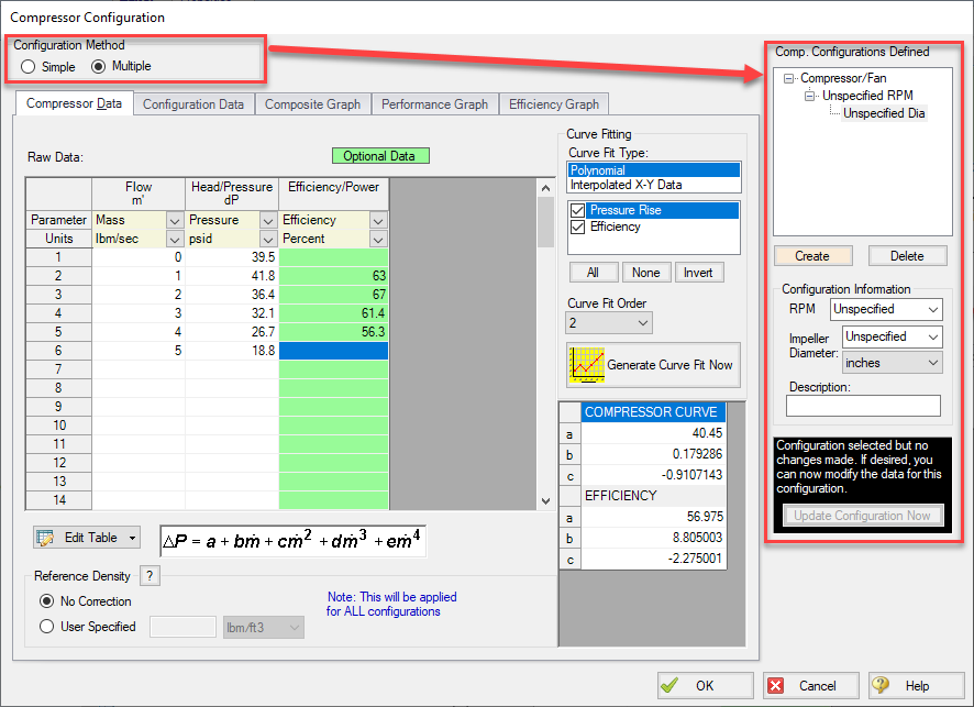 The Compressor Configuration window with the Multiple Configuration option selected and the Comp Configurations Defined Panel highilighted with a red box.